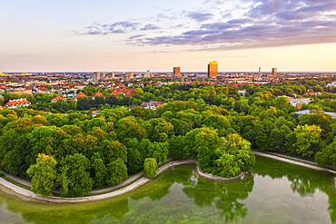 Kleinhesseloher See, English Garden, View of Schwabing and Freimann in the morning light, Munich, Aerial view, Upper Bavaria, Bavaria, Germany, Europe