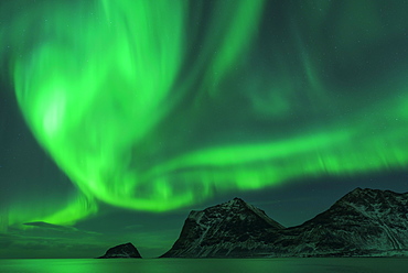 Northern Lights (Aurora borealis), Haukland Beach, Lofoten, Norway, Europe