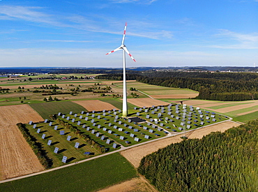 Windmill and photovoltaic system, Black Forest nature park Park Middle-North, drone recording, Alpirsbach, Baden-Wuerttemberg, Germany, Europe