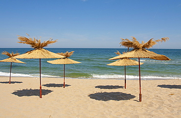 Umbrellas on the beach, St. Constantine and Helena resort, Varna province, Bulgaria, Europe