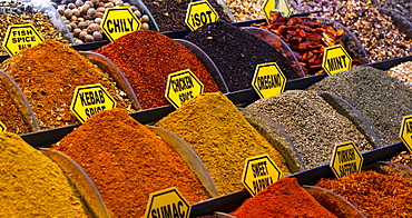 Different spices at a market stand, Spice Bazaar, Grand Bazaar, Kapali Carsi, Istanbul, Turkey, Asia