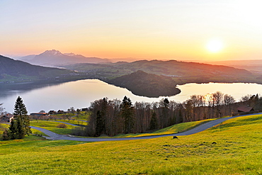 Evening mood at Lake Zug with gills of the narrowest part of the lake, behind Pilatus, Walchwil, Canton Zug, Switzerland, Europe