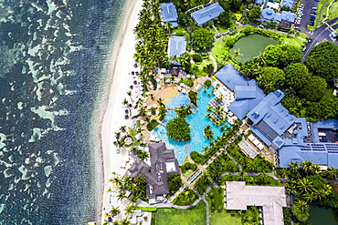 Aerial view, the beach of Flic en Flac with the luxury hotel Sugar Beach Resort & Spa and palm trees, Mauritius, Africa