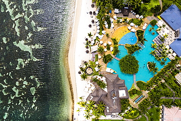 Aerial view, the beach of Flic en Flac with the luxury hotel Sugar Beach Resort & Spa and palm trees, Mauritius, Africa