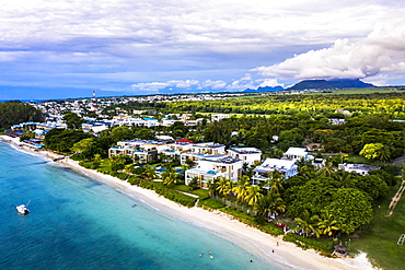 Aerial view, the beach of Flic en Flac and palm trees, Mauritius, Africa