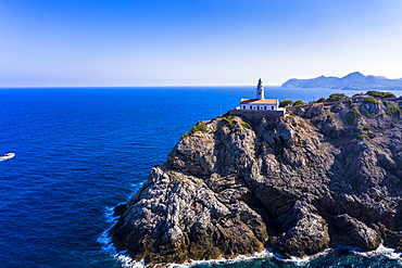 Aerial view, Lighthouse Far de Capdepera with cliffs, Cala Ratjada, Majorca, Balearic Islands, Spain, Europe