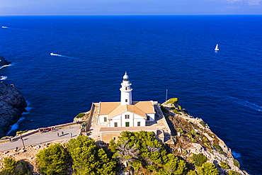 Aerial view, Lighthouse Far de Capdepera with cliffs, Cala Ratjada, Majorca, Balearic Islands, Spain, Europe