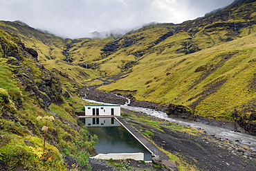 Natural swimming pool Seljavallalaug, Seljavellir, near Skogar, Suourland, Sudurland, South Iceland, Iceland, Europe