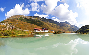 Mountain lake, Alpengasthof Zeinisjoch on the Zeinis lake, Ferwall group, Galtuer, Tyrol, Austria, Europe