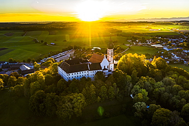 Aerial view, Andechs Monastery, Pfaffenwinkel, Lake Ammer, Upper Bavaria, Bavaria