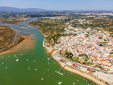 Aerial view, bay with yachts and view of coastal town Alvor, Algarve, Portugal, Europe