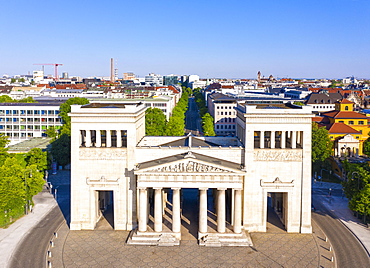 Propylaea at Koenigsplatz, Maxvorstadt, Munich, Germany, drone shot, Upper Bavaria, Bavaria, Germany, Europe