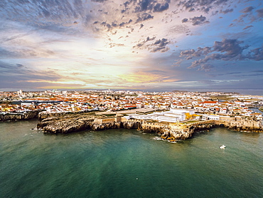 Aerial view, city view with fortress, peninsula with high cliffs, Peniche, Centro region, Portugal, Europe