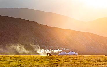 Summer evening in mount Tsambagarav summer camp. Bayan-Ulgii province. Mongolia