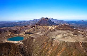 Aerial view, Blue Lake in front, Mount Ngauruhoe and Ruapehu in the back, Tongariro National Parks, North Island, New Zealand, Oceania