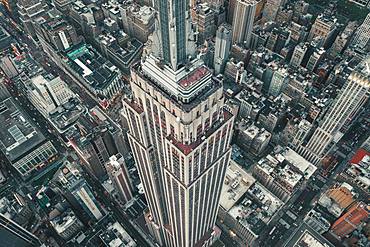 Drone shot, Empire State Building, Manhattan, New York City, USA, North America