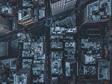 Drone shot, bird's eye view of the streets of Manhattan in the evening, New York City, USA, North America