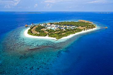 Bird's eye view, Maldives island with coral reef, Filaidhoo, Raa Atoll, Maldives, Asia