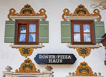 Lueftlmalerei, facade painting with advertising board, Inzell, Chiemgau, Upper Bavaria, Bavaria, Germany, Europe