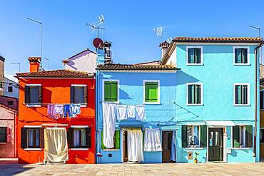 Colourful house facades in Burano, Burano Island, Venice, Veneto, Italy, Europe