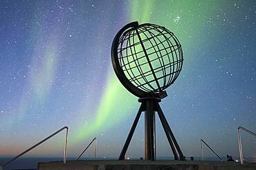 Steel globe at North Cape with northern lights, Finnmark, Norway, Europe