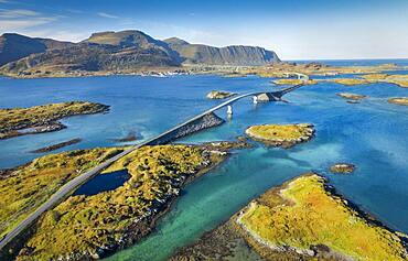 Aerial view of Stor Bridge, Fredwang, Ramberg, Lofoten, Nordland, Norway, Europe