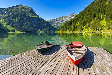 Rowing boats, Vilsalpsee in the nature reserve Vilsalpsee, Tannheimer Tal, Allgaeu, Tyrol, Austria, Europe