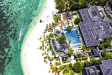 Aerial view, Berg le Morne, with luxury hotel LUX Le Morne Resort, Mauritius, Africa