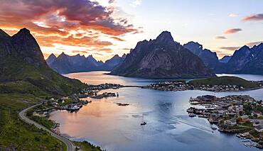 Aerial view, sunset at Reinefjord with mountains, view of Reine, Lofoten, Nordland, Norway, Europe