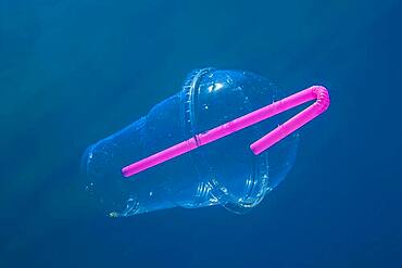 A plastic cocktail cup with a straw floats slowly under water in blue water, Budva, Montenegro, Europe