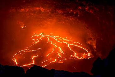 Glowing active lava lake, Erta Ale shield volcano, Danakil depression, Afar region, Ethiopia, Africa