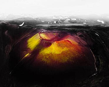 Aerial view, volcanic crater with colourful sulphur deposits, near Frioland ao Fjallabaki, Iceland, Europe