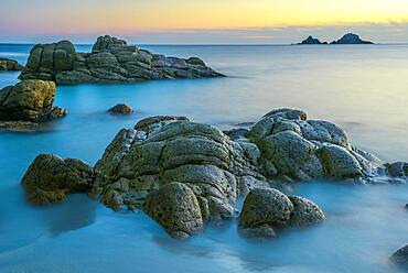 Evening mood, coastal landscape, rocky coast at Porth Nanven, St. Just, Cornwall, England, Great Britain