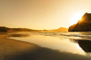 Wharariki Beach at sunset, Oceania, Golden Bay, Tasman, South Island, New Zealand, Oceania