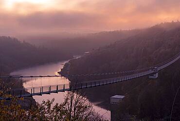 Sunrise at the Rappbode dam, hanging rope bridge, Harz Mountains, Saxony-Anhalt, Germany, Europe