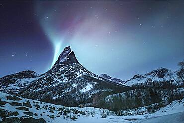 Mountain peak (Aurora borealis) Stetind, arctic winter landscape, night view, starry sky, northern lights Northern Lights, Stetinden, Nordland, Norway, Europe