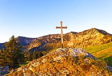 Summit cross at Sudelfeldkopf, Stellnerjoch and Kleiner Traithen in the morning light, Sudelfeld, near Bayrischzell, Mangfall mountains, drone photograph, Upper Bavaria, Bavaria, Germany, Europe