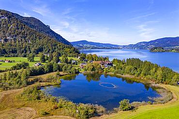 UAV photo, Egelsee in Scharfling behind it Mondsee, Mondseeland, Salzkammergut, Upper Austria, Austria, Europe