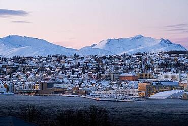 City view at dusk, Tromso, Finnmark, Norway, Europe