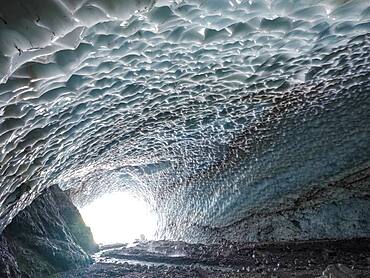 Ice chapel with meltwater stream, ice field at the foot of the Watzmann east face, Berchtesgaden National Park, Watzmann, Schoenau am Koenigssee, Upper Bavaria, Bavaria, Germany, Europe