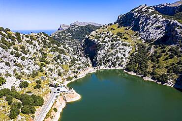 Aerial view of the reservoir, Embalse de Gorg Blau, Tramuntana, Majorca, Balearic Islands, Spain, Europe