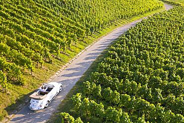 UAV recording, businessman in a vintage car, driving through vineyard, Remstal, Baden-Wuerttemberg, Germany, Europe