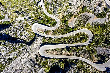 Aerial view, serpentine road MA-2141 to Sa Calobra, Serra de Tramuntana, Majorca, Balearic Islands, Spain, Europe