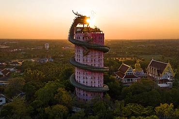 Aerial view, sun in the mouth of a dragon, Wat Samphan dragon temple, Bangkok, Thailand, Asia