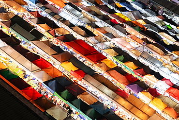 Colourful tent roofs from a night market in Bangkok, Ratchada Train Market, Thailand, Asia