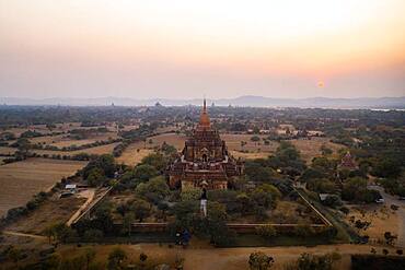 Aerial view, Htilominlo temple at sunset, Bagan, Myanmar, Asia