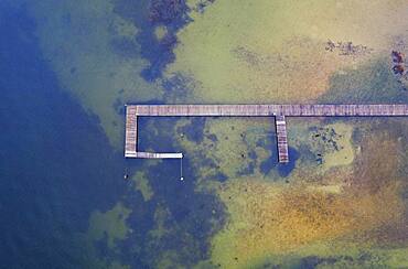 Bathing jetty at the marina in Mondsee, drone picture, aerial view, Mondseeland, Salzkammergut, Upper Austria, Austria, Europe