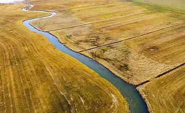 Natural course of the Zellerache river from the Irrsee, wet meadow, from above, drone photo, aerial view, Mondseeland, Salzkammergut, Upper Austria, Austria, Europe