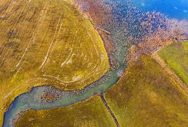 Natural course of the Zellerache river from the Irrsee, wet meadow, from above, drone photo, aerial view, Mondseeland, Salzkammergut, Upper Austria, Austria, Europe