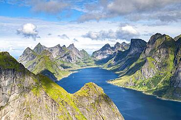 View from Mount Reinebringen to Reinefjord, fjord and mountains, Reinefjord, Lofoten, Norway, Europe